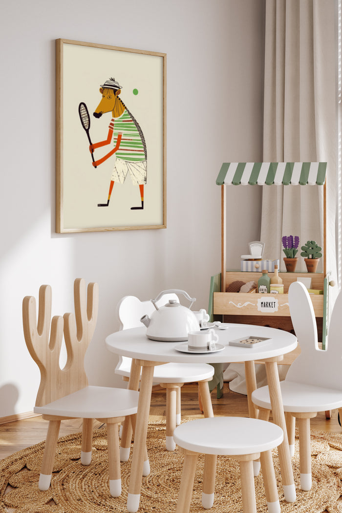 Illustration of a cartoon anteater playing tennis poster in a modern home decor setting