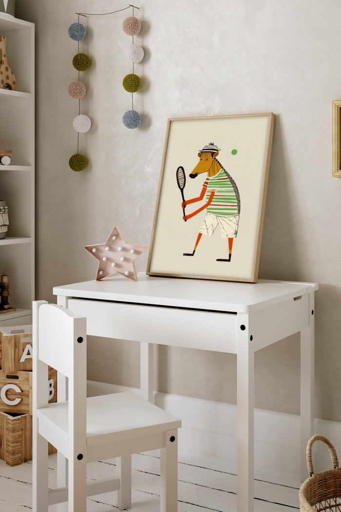 Illustration of a cartoon antelope playing tennis on a poster