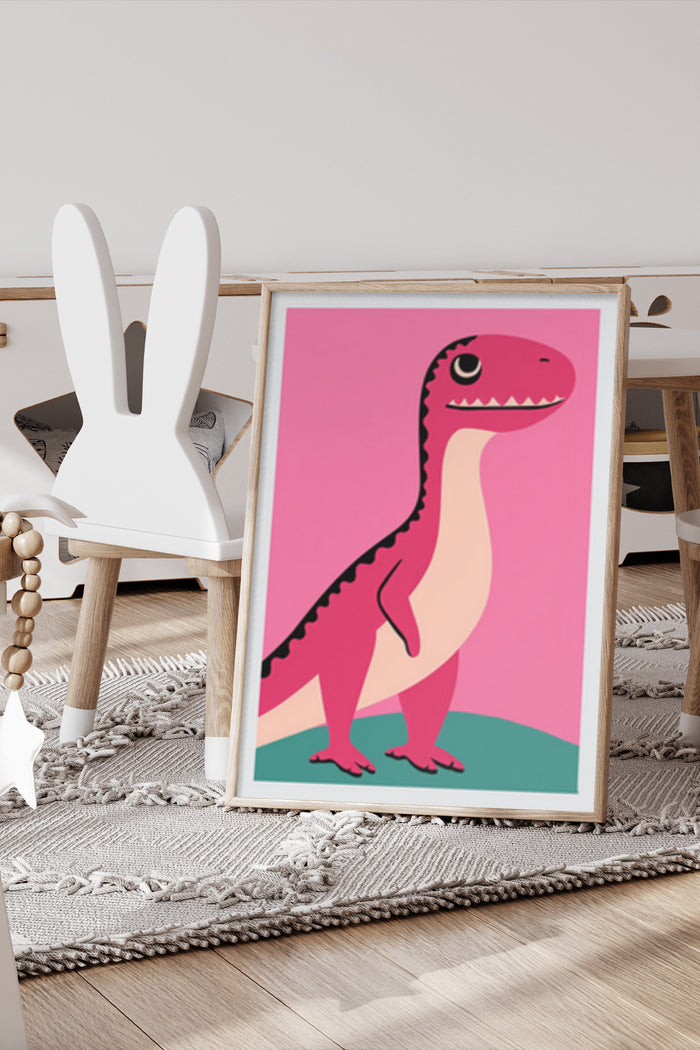 Cartoon dinosaur illustration on pink background in poster frame for children's room decor