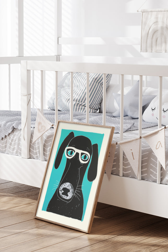 Cartoon dog with glasses poster art in stylish children's bedroom setting