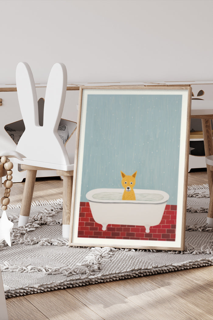 Cartoon fox in a bathtub illustration poster for nursery room decor