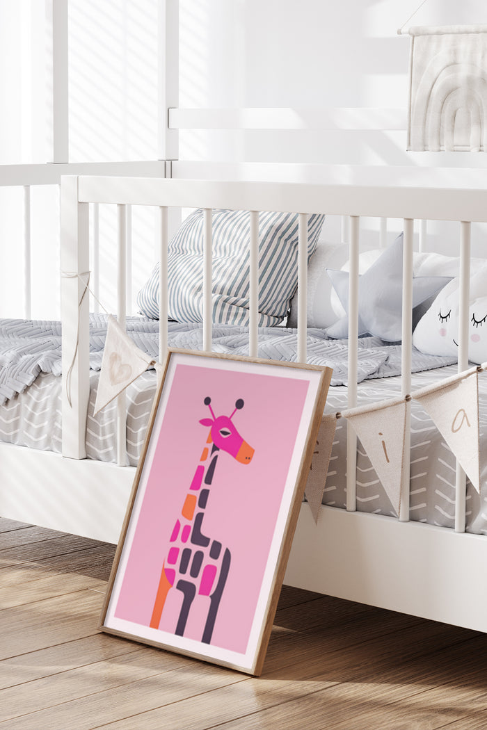 Colorful cartoon giraffe poster in a contemporary styled nursery room