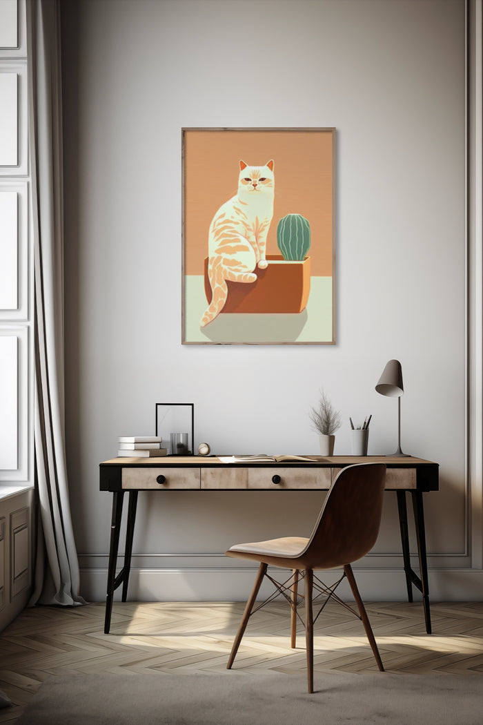 Minimalist home interior with modern art poster featuring a white cat and a green cactus