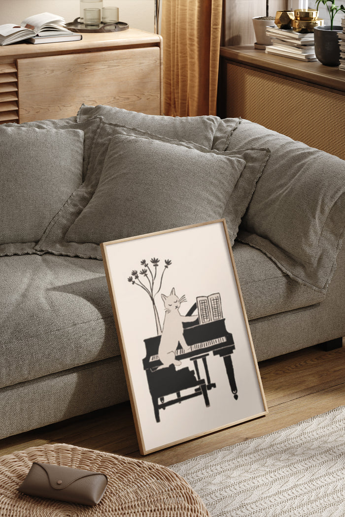 Minimalist artwork of a cat playing piano, stylish poster displayed in a modern living room setting