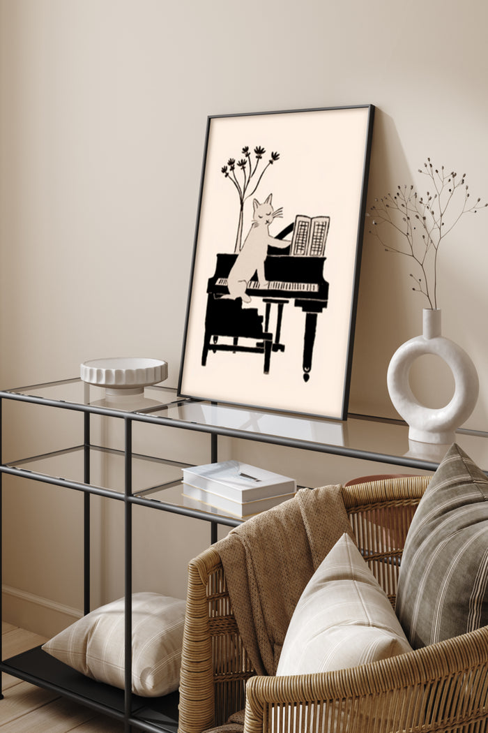 Stylish cat playing piano art poster framed on the wall in a contemporary home interior setting