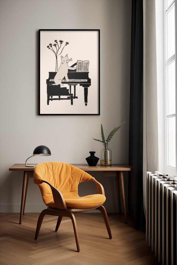 Illustration of a cat playing the piano in a poster framed on a wall in a stylish room with modern furniture