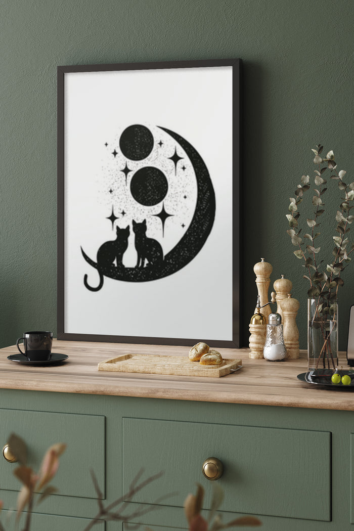 Abstract art poster with cat silhouettes on crescent moon against starry sky in stylish room