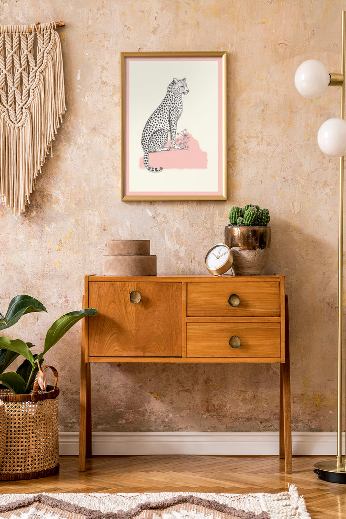 Modern cheetah artwork poster in a stylish interior setting