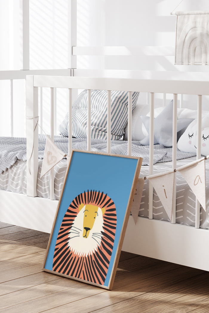 Cute lion illustration poster for children's room decoration leaning against a crib