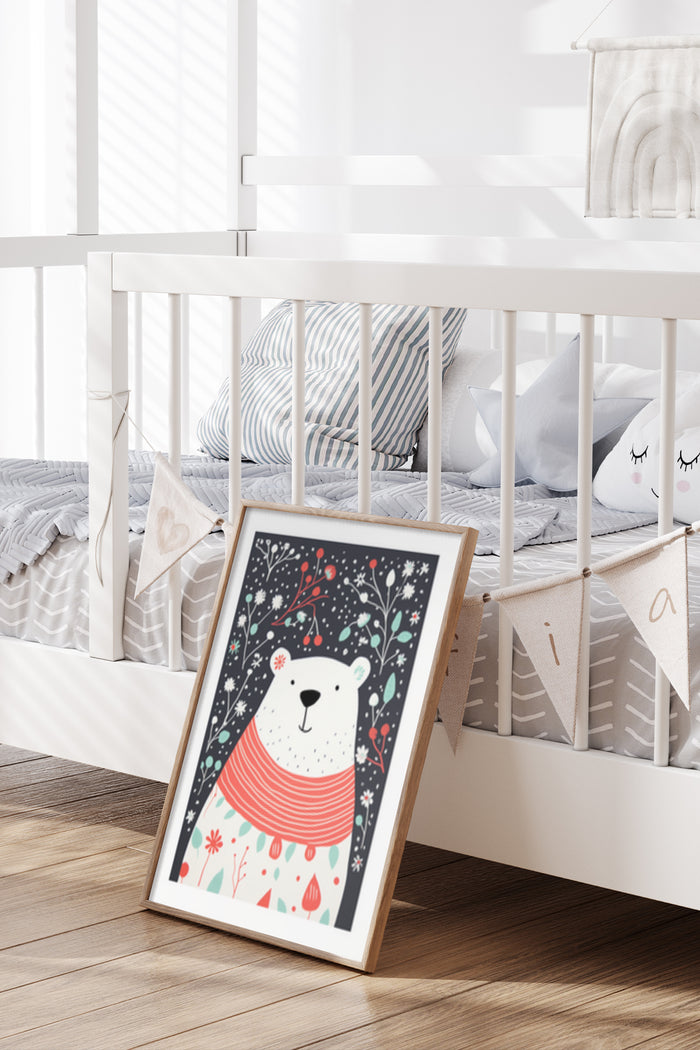 Children's bedroom with a framed poster of a cute polar bear wearing a red sweater among floral patterns