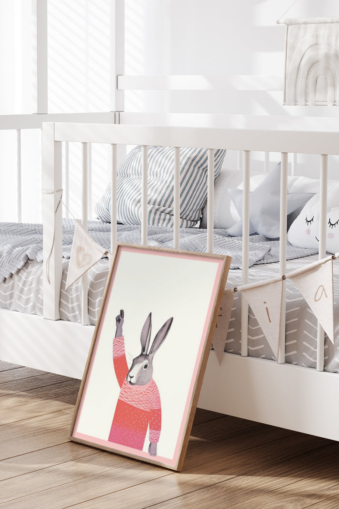 Cute rabbit poster for children's bedroom decor leaning on white crib