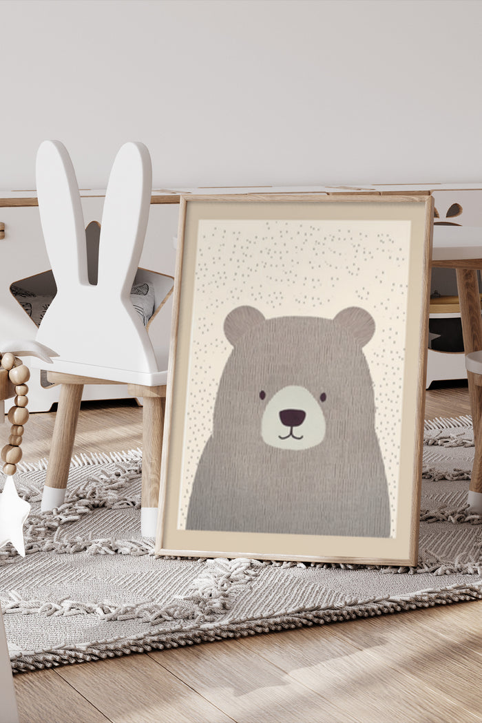 Cute cartoon bear poster framed in a children's room setting