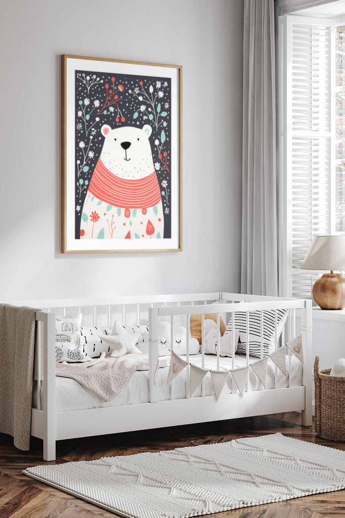 Children's room with a framed poster of a cute polar bear wearing a red sweater surrounded by a whimsical night sky and flora
