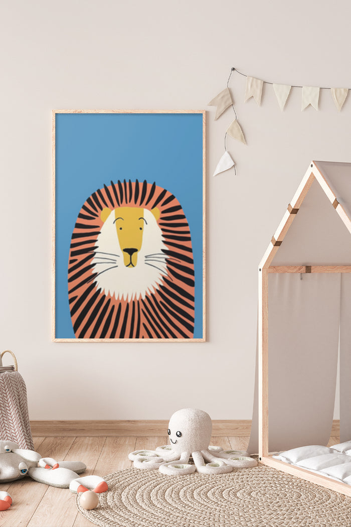 Children's room interior with cute lion poster on the wall