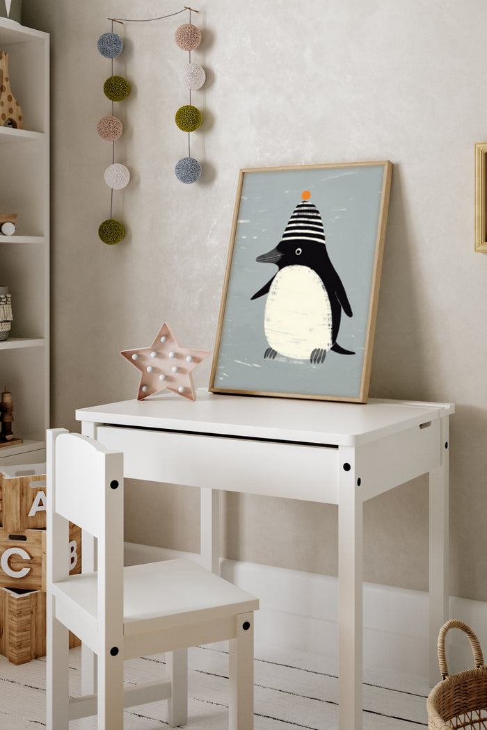Cartoon penguin with striped party hat poster in children's room decor