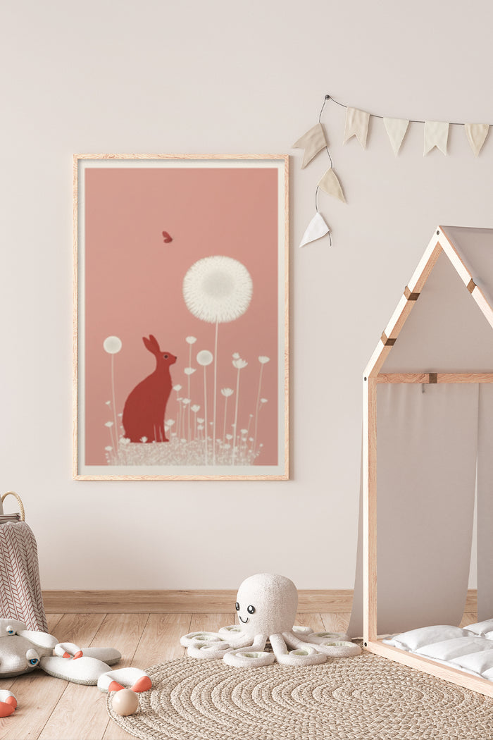 Whimsical rabbit and dandelion illustration poster for children's room decor