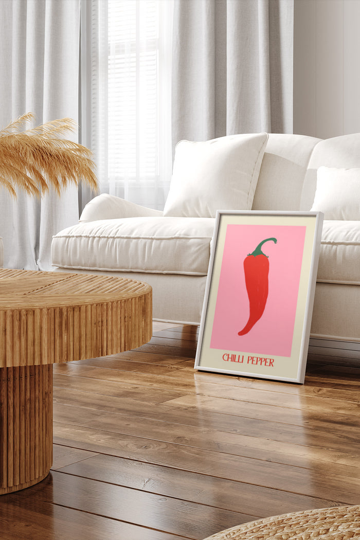 Stylish red chili pepper poster framed in a modern living room setting
