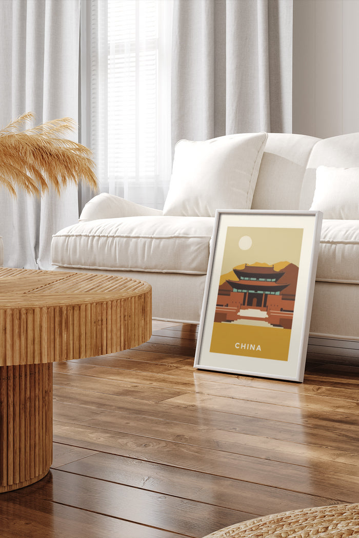 Stylized China travel poster featuring traditional architecture artwork in living room setting
