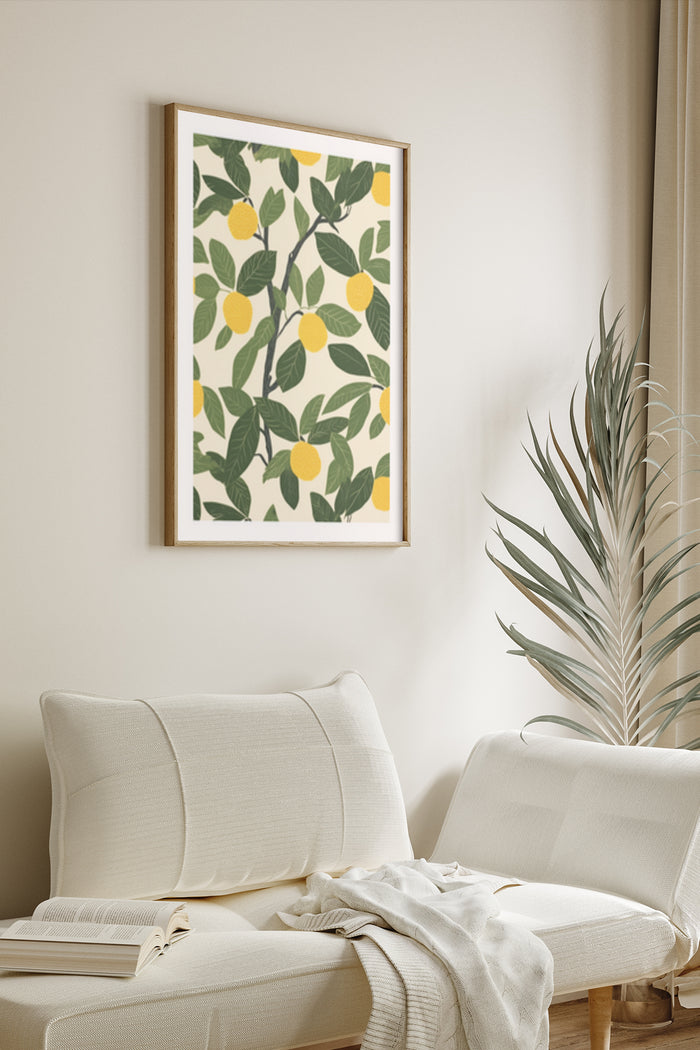 Fresh citrus lemon pattern wall art poster framed in a modern living room