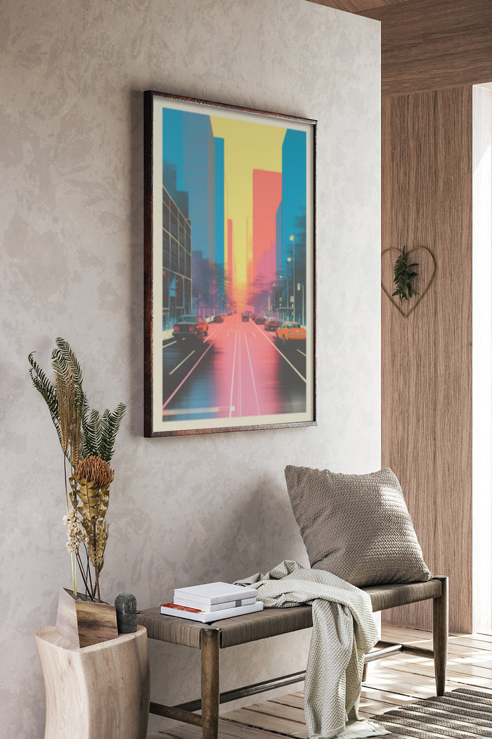Framed cityscape poster with sunset and urban skyline, modern artwork decoration