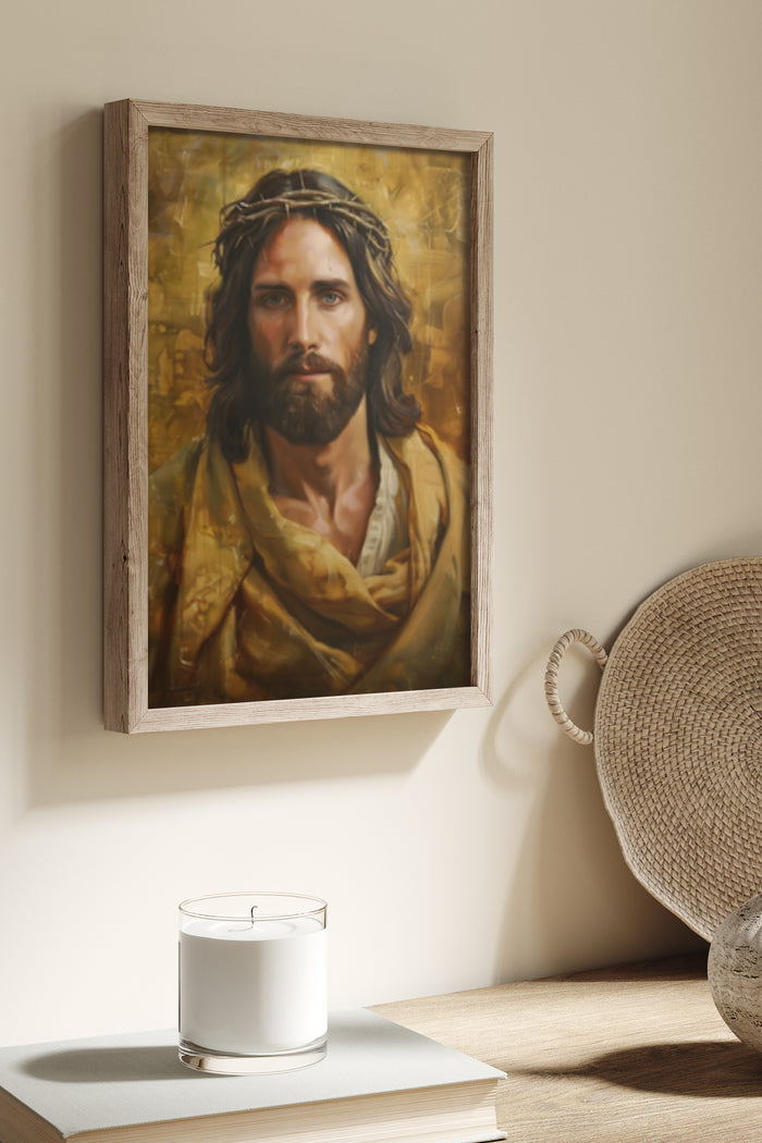 Framed religious painting of a classic figure in a rustic interior setting