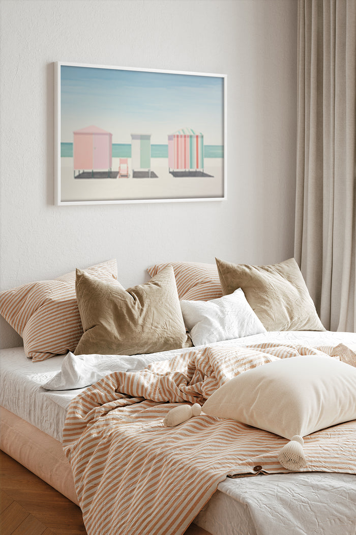 Modern coastal artwork with beach cabanas and serene ocean view as bedroom wall decor