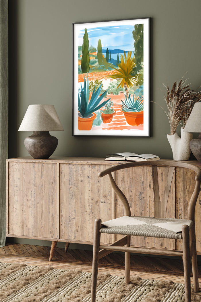 Coastal landscape art poster displayed in stylish home interior with potted plants