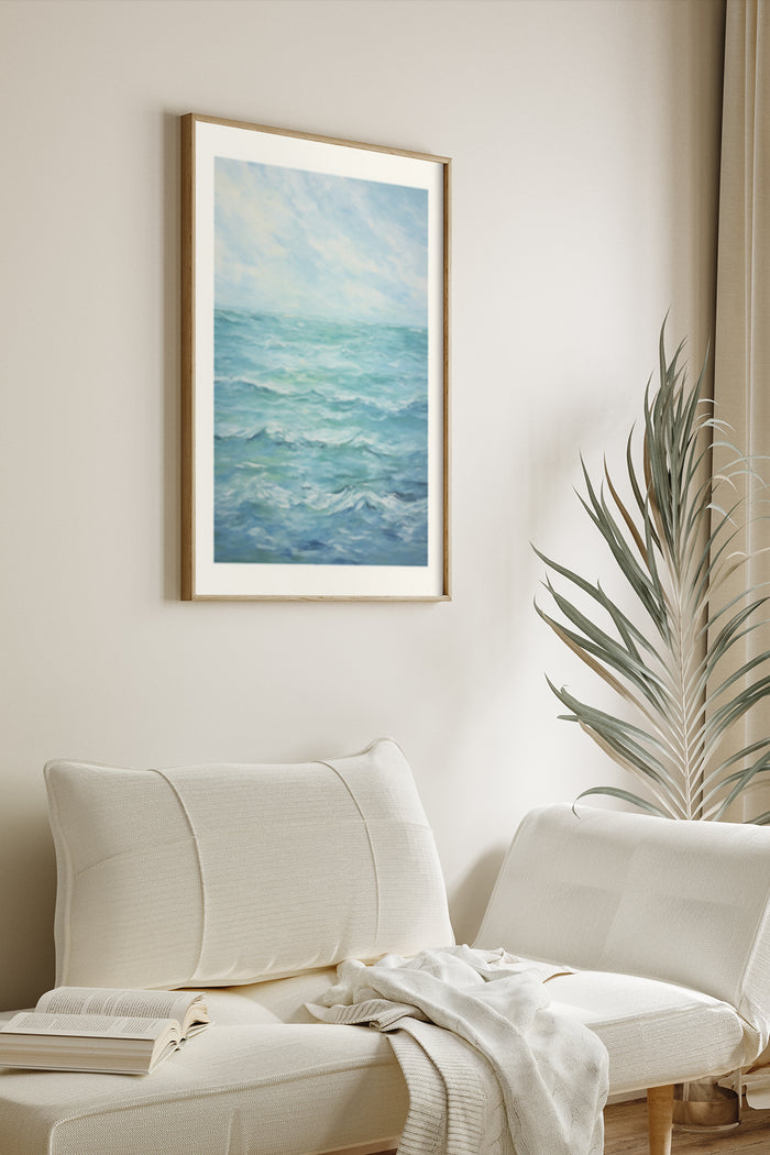 Coastal Seascape Painting in Wooden Frame as Elegant Living Room Wall Decor