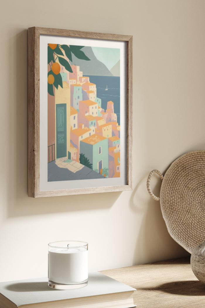 Stylized coastal town artwork poster framed on a wall above a book and beside a round wicker basket