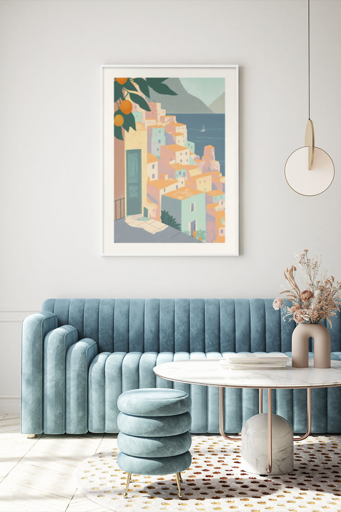 Colorful coastal town illustration poster in modern living room interior