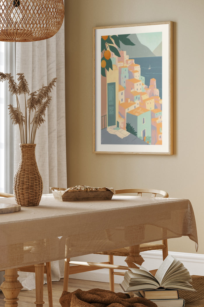 Coastal village illustration poster with citrus trees in a home interior setting