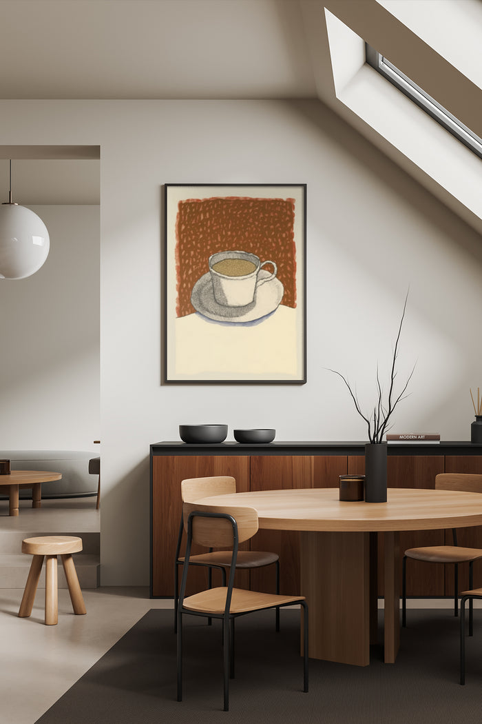 Modern coffee cup art print in stylish dining room setting