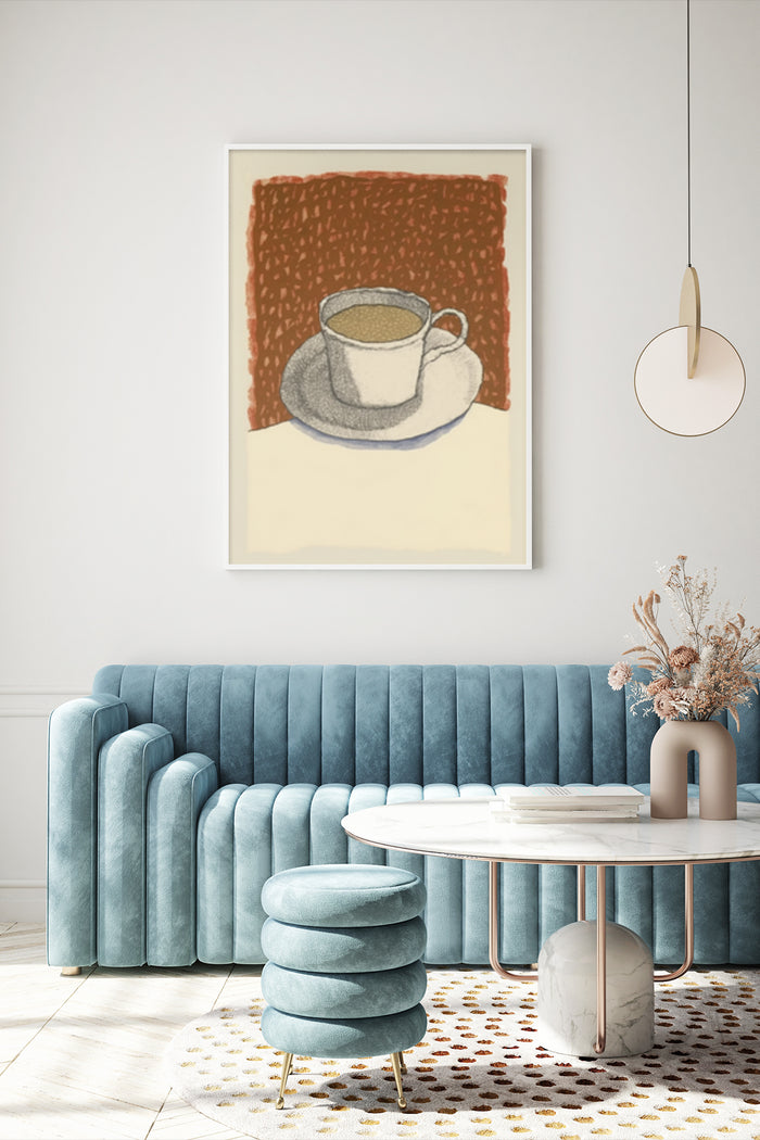 Stylized coffee cup poster art in contemporary living room setting