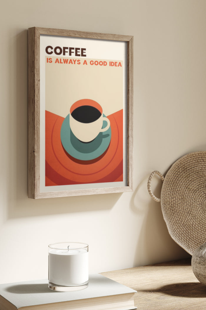 Vintage style coffee poster framed on wall stating 'Coffee is always a good idea' with a stylized coffee cup