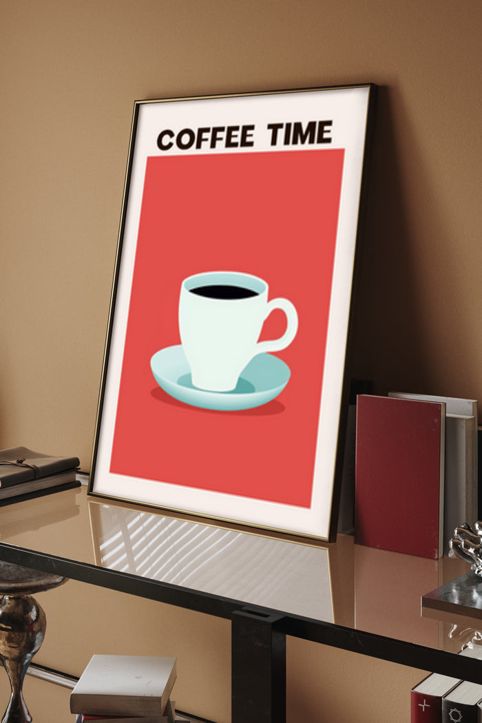 Minimalist Coffee Time poster with red background and cup of coffee on desk