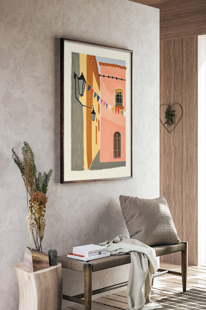 Colorful abstract architecture artwork poster framed on a wall in a contemporary room design with bench and decorative plants