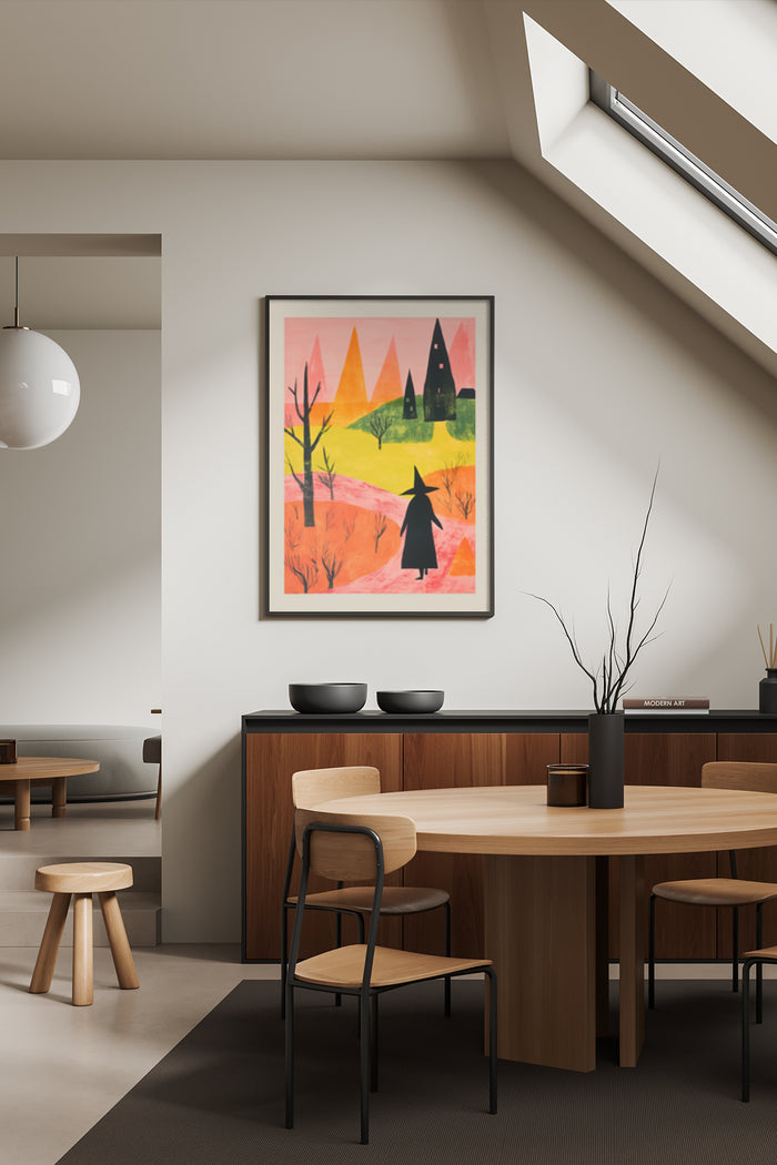 Abstract autumn landscape poster with trees and a figure in witch's hat in a modern dining room setting