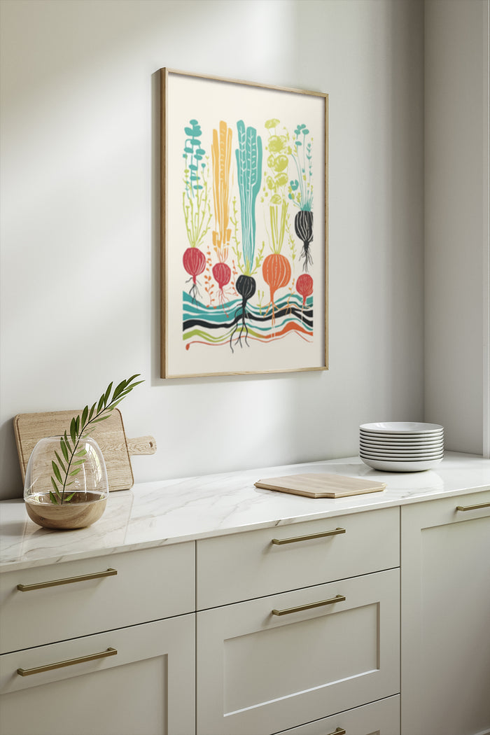 Colorful abstract botanical artwork displayed in a modern kitchen setting