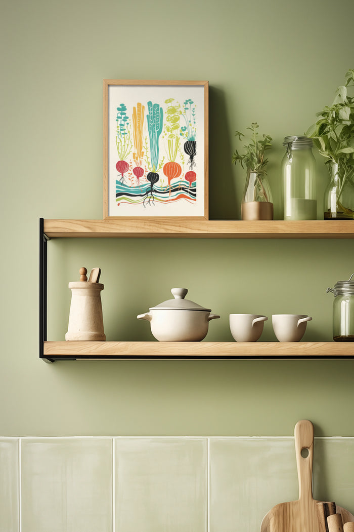 Colorful abstract cactus poster framed on kitchen shelf with pottery and plants