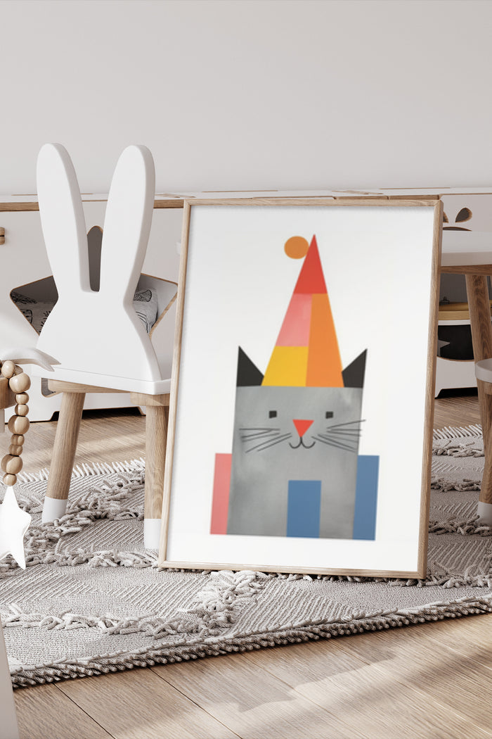 Abstract geometric cat illustration with party hat poster in a modern home decor setting