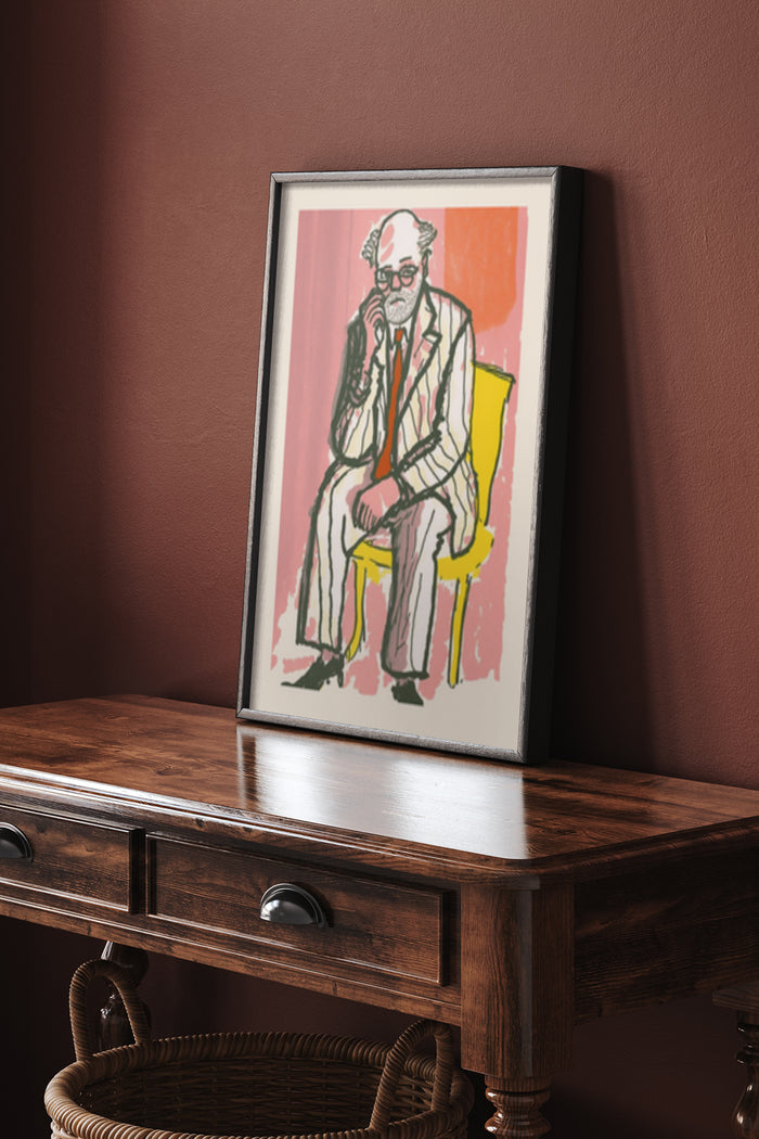 Colorful abstract character seated in a pink and yellow chair artwork poster in a room setting