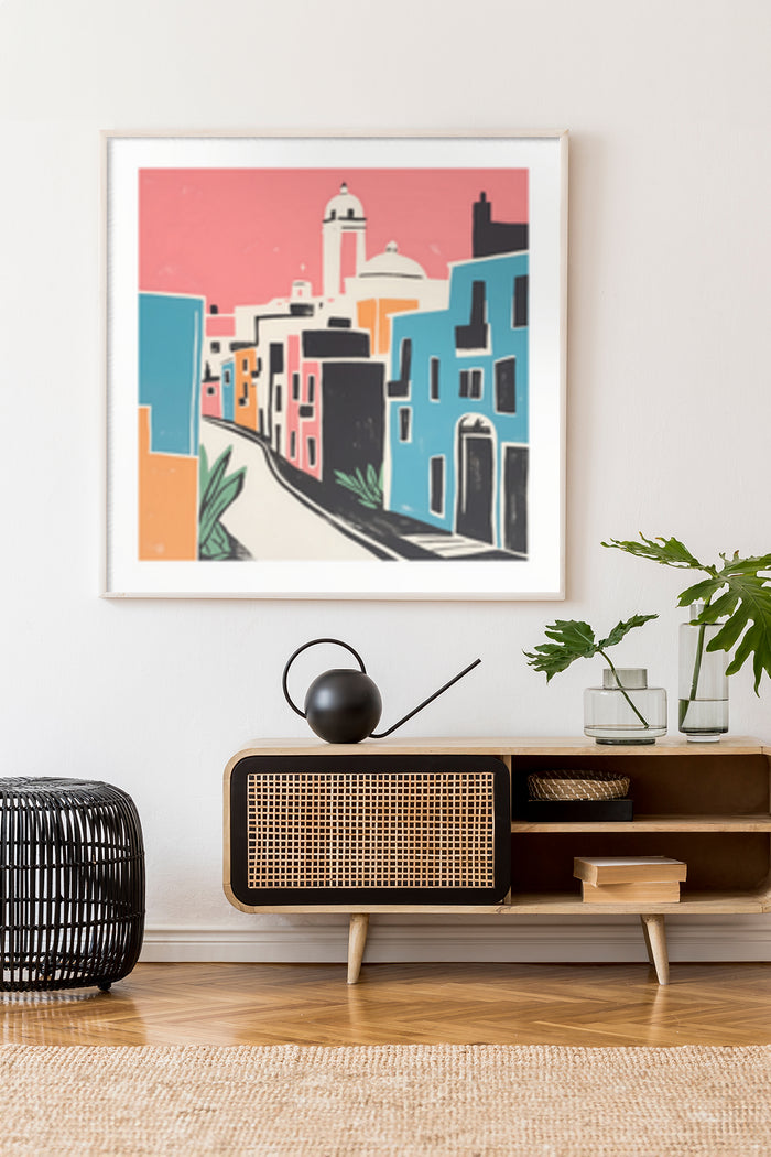 Abstract colorful cityscape poster with vibrant depiction of buildings and architecture hung above a stylish retro radio on a wooden shelf in a modern interior decor