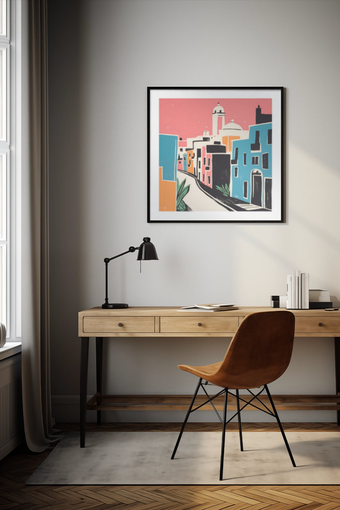 Abstract colorful cityscape artwork in a framed poster on the wall of a modern home office with desk and chair