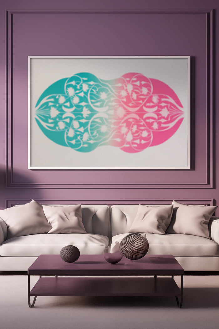 Contemporary abstract flower pattern painting in teal and pink hues on the wall of a modern living room