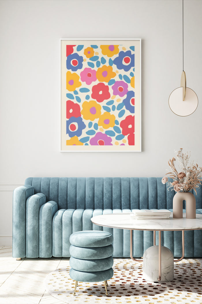 Colorful Abstract Floral Art Poster in Modern Living Room Interior