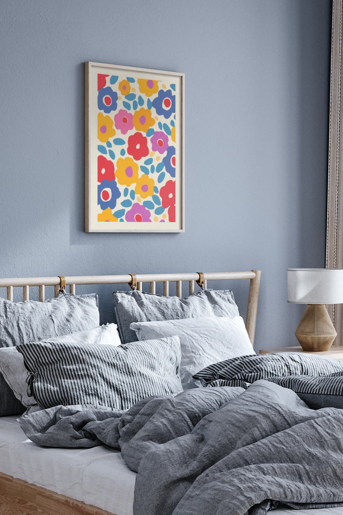 Colorful abstract flower artwork poster as bedroom wall decor in a modern home setting