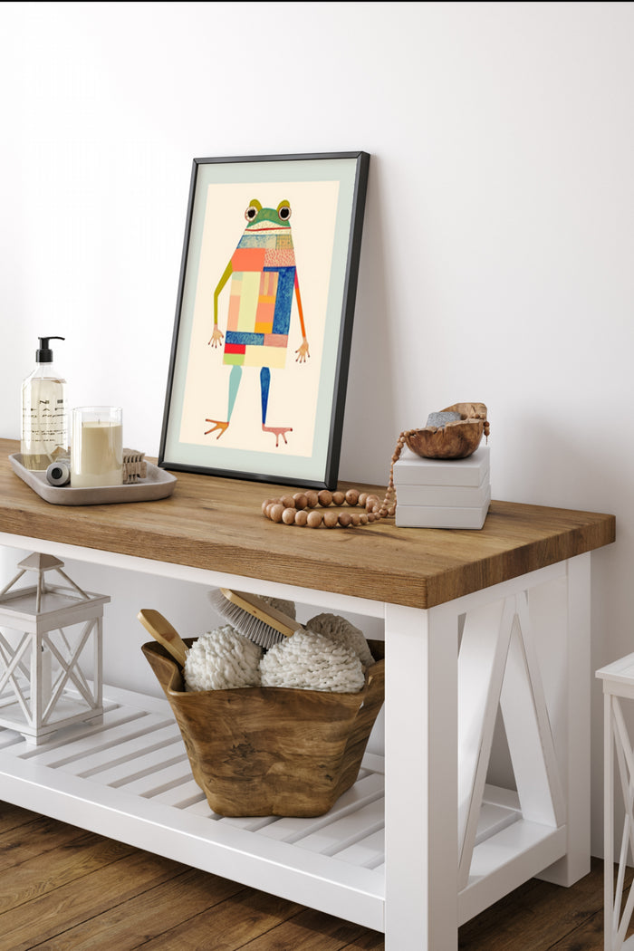 Colorful abstract frog poster framed on a house interior wall