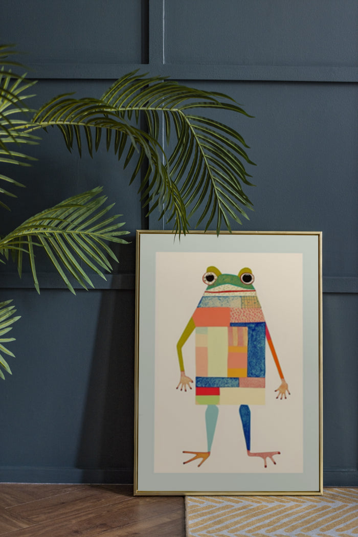 Colorful abstract geometric frog poster in a modern living room setting