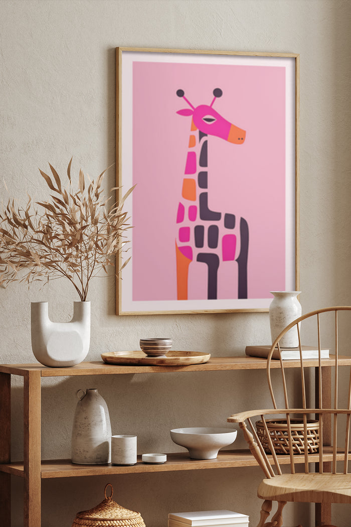 Stylized colorful giraffe artwork in a modern home decor setting