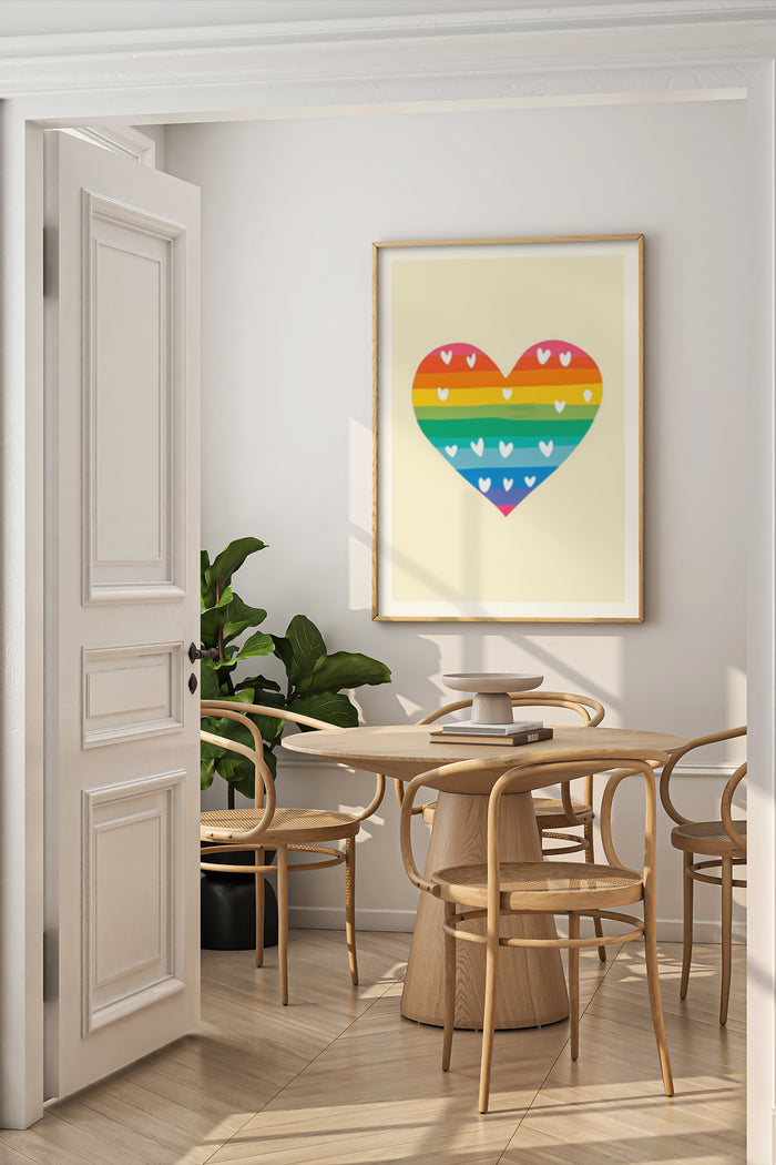 Contemporary dining room interior with colorful abstract heart poster on the wall
